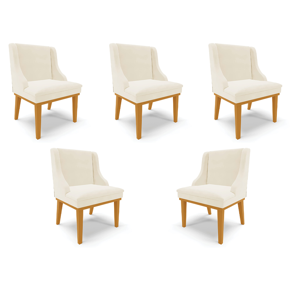 Kit 5 Cadeiras Decorativas Sala de Jantar Base Fixa de Madeira Firenze Veludo Bege/Castanho G19 - Gran Belo