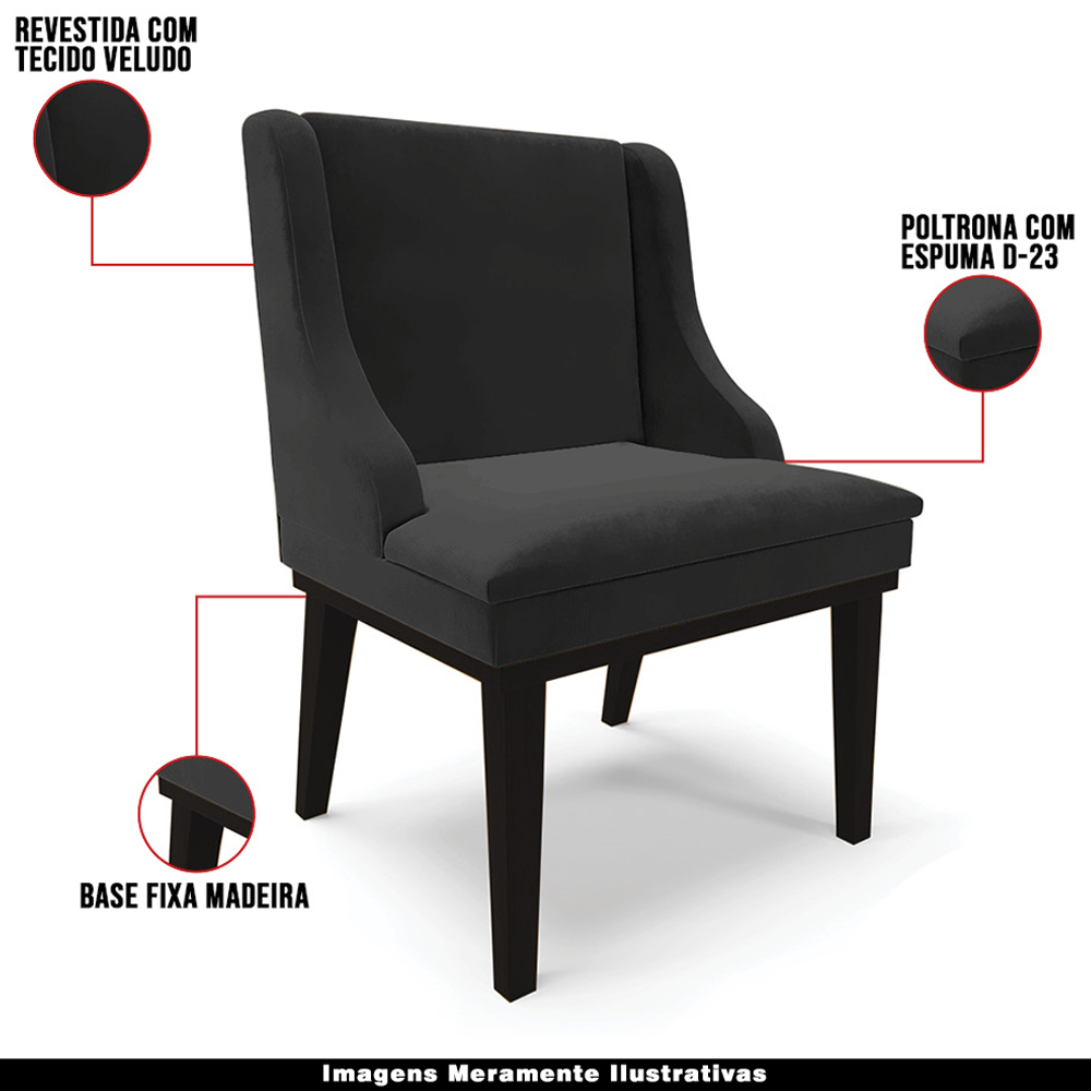 Kit 5 Cadeiras Decorativas Sala de Jantar Base Fixa de Madeira Firenze Veludo Preto G19 - Gran Belo