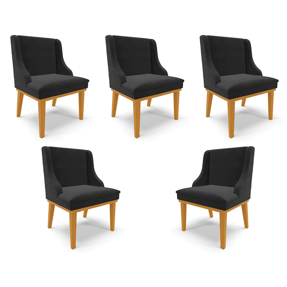 Kit 5 Cadeiras Decorativas Sala de Jantar Base Fixa de Madeira Firenze Veludo Preto/Castanho G19 - Gran Belo
