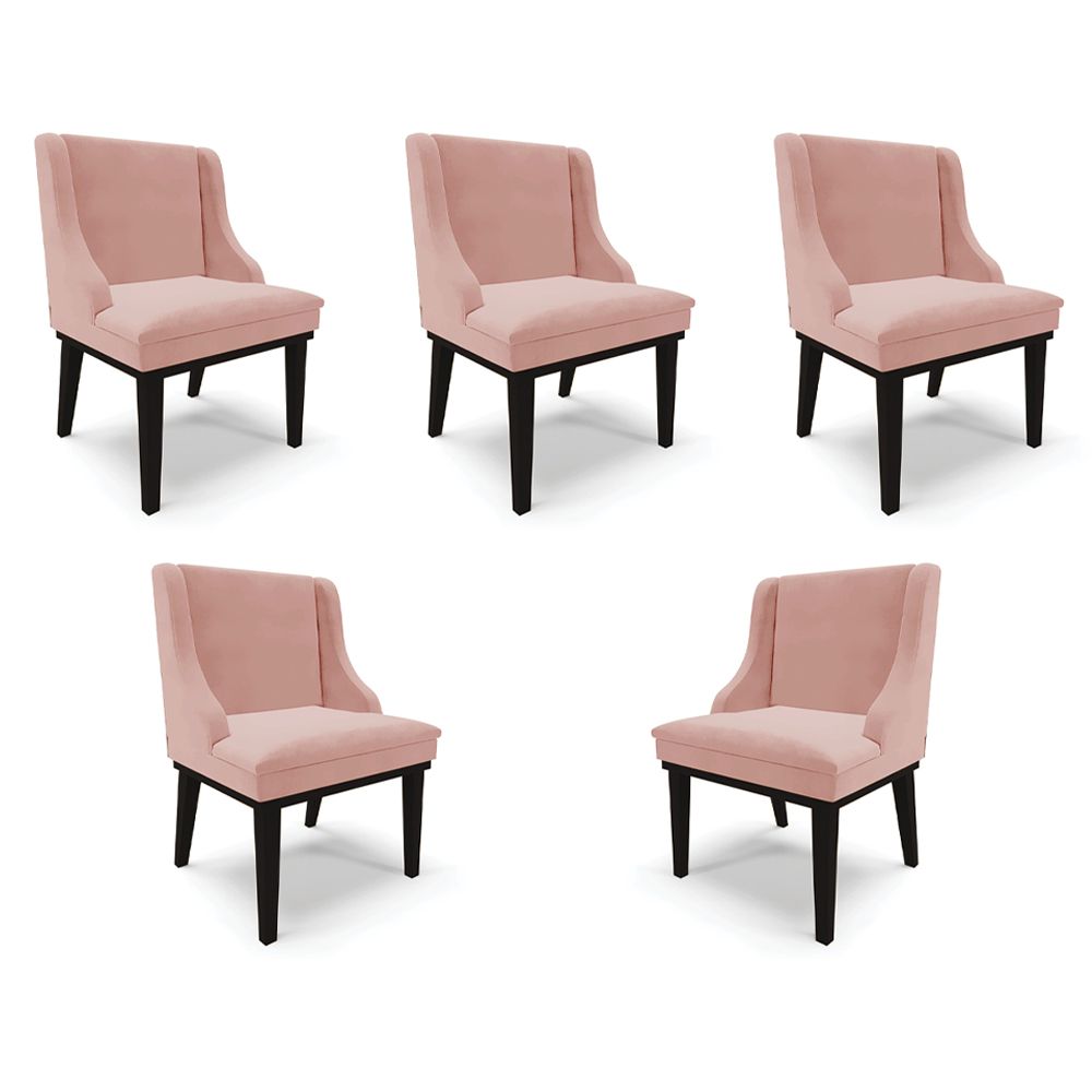 Kit 5 Cadeiras Decorativas Sala de Jantar Base Fixa de Madeira Firenze Veludo Rosê/Preto G19 - Gran Belo
