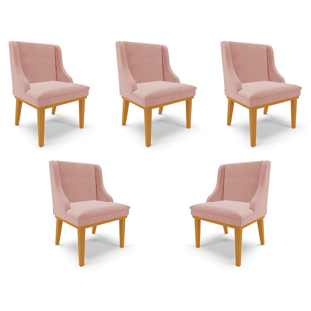 Kit 5 Cadeiras Decorativas Sala de Jantar Base Fixa de Madeira Firenze Veludo Rose/Castanho G19 - Gran Belo