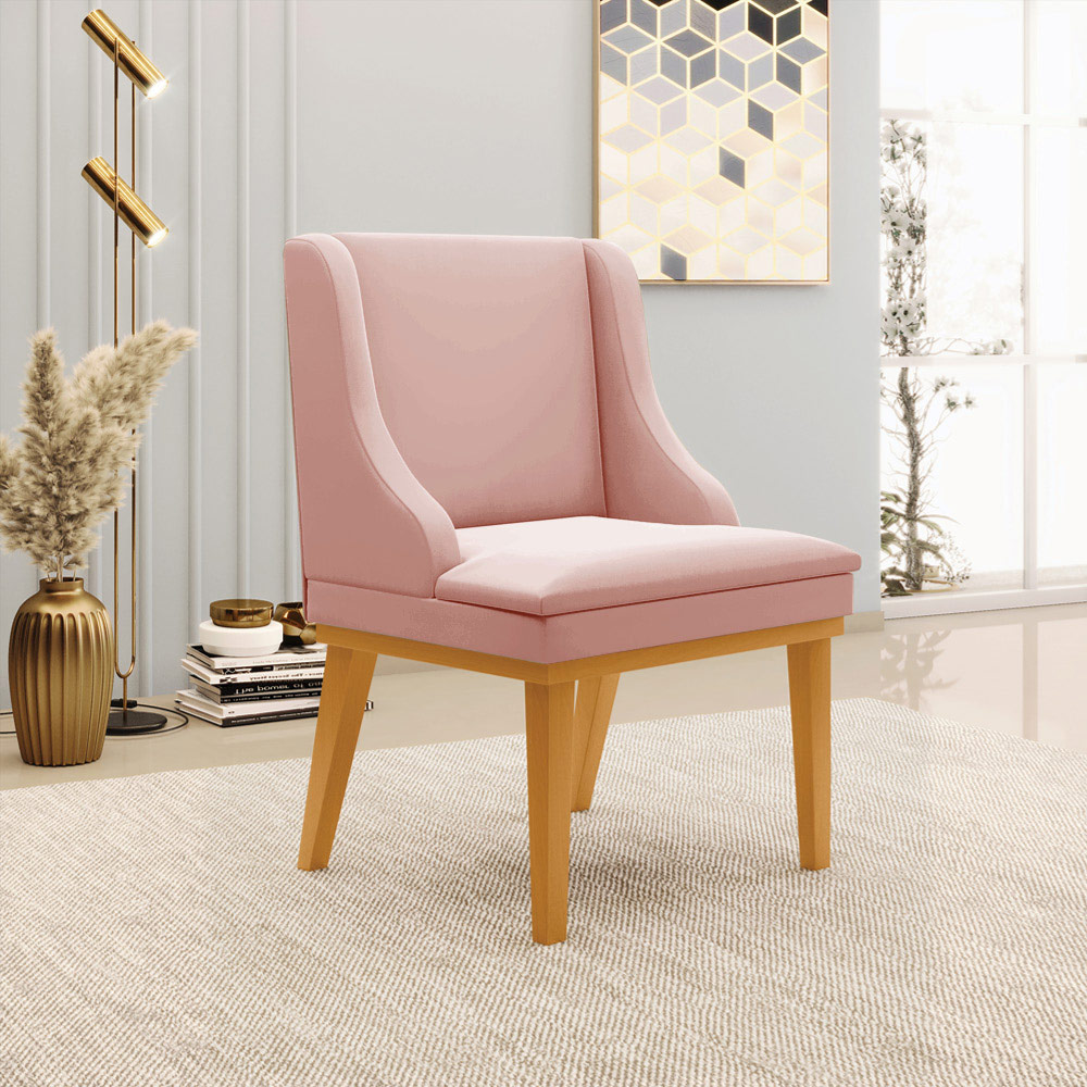 Kit 5 Cadeiras Decorativas Sala de Jantar Base Fixa de Madeira Firenze Veludo Rose/Castanho G19 - Gran Belo
