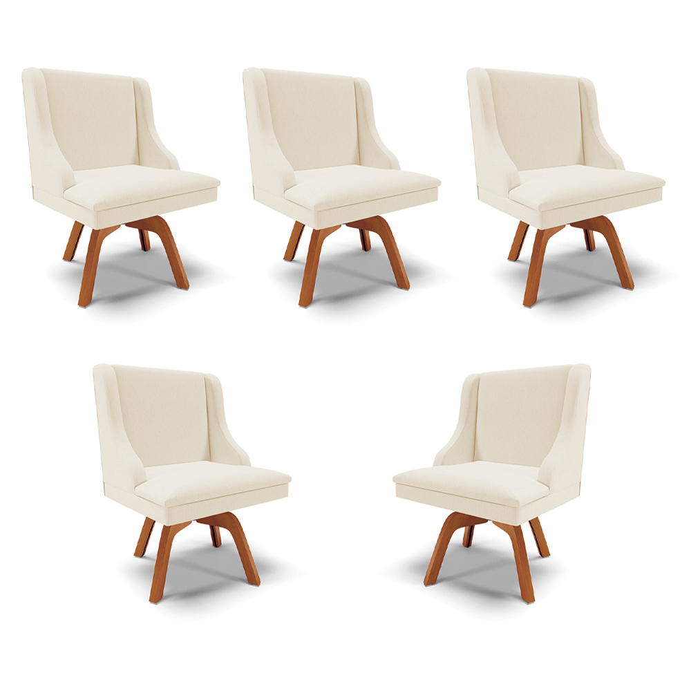 Kit 5 Cadeiras Decorativas Sala de Jantar Base Giratória de Madeira Firenze Linho Bege/Natural G19 - Gran Belo