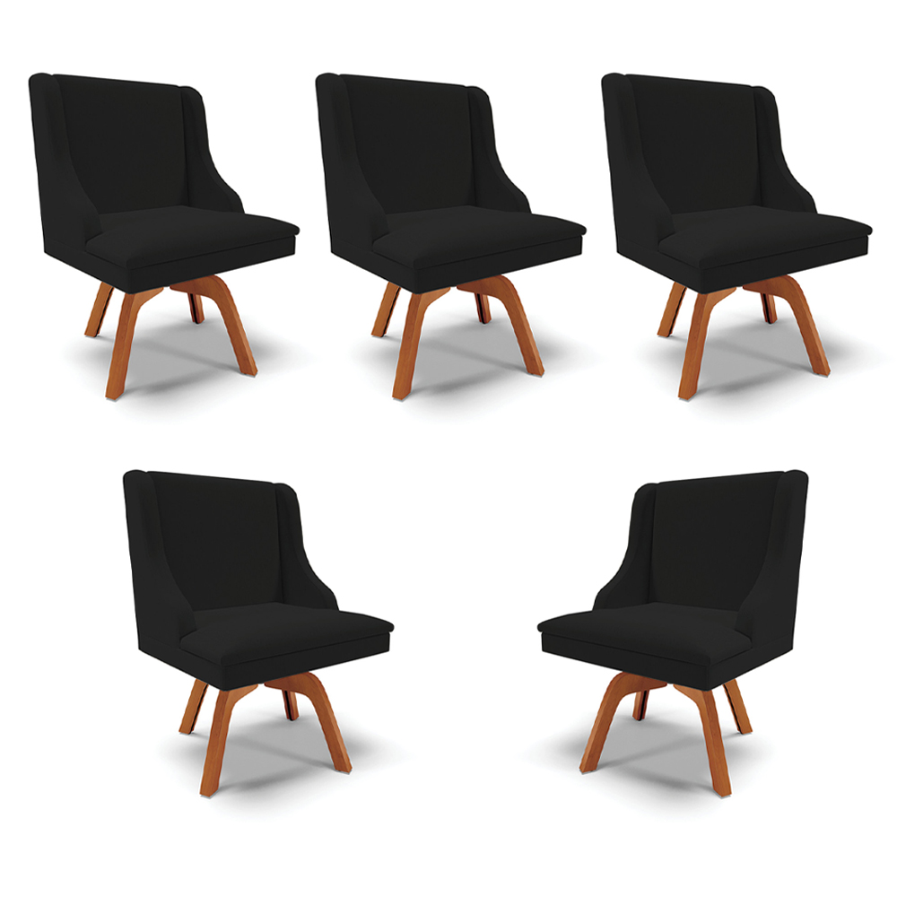 Kit 5 Cadeiras Decorativas Sala de Jantar Base Giratória de Madeira Firenze Linho Preto/Natural G19 - Gran Belo