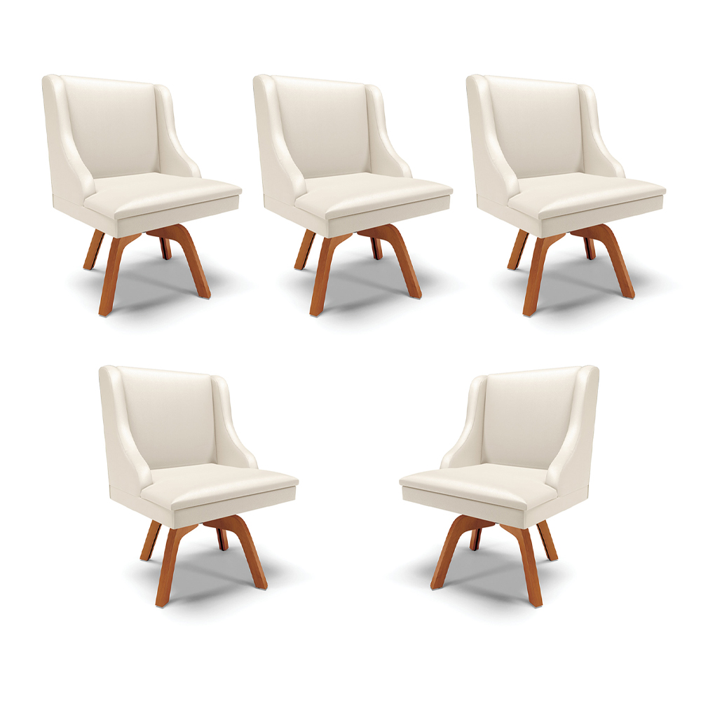 Kit 5 Cadeiras Decorativas Sala de Jantar Base Giratória de Madeira Firenze PU Bege/Natural G19 - Gran Belo