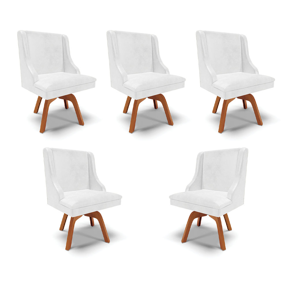 Kit 5 Cadeiras Decorativas Sala de Jantar Base Giratória de Madeira Firenze PU Branco Brilho/Natural G19 - Gran Belo
