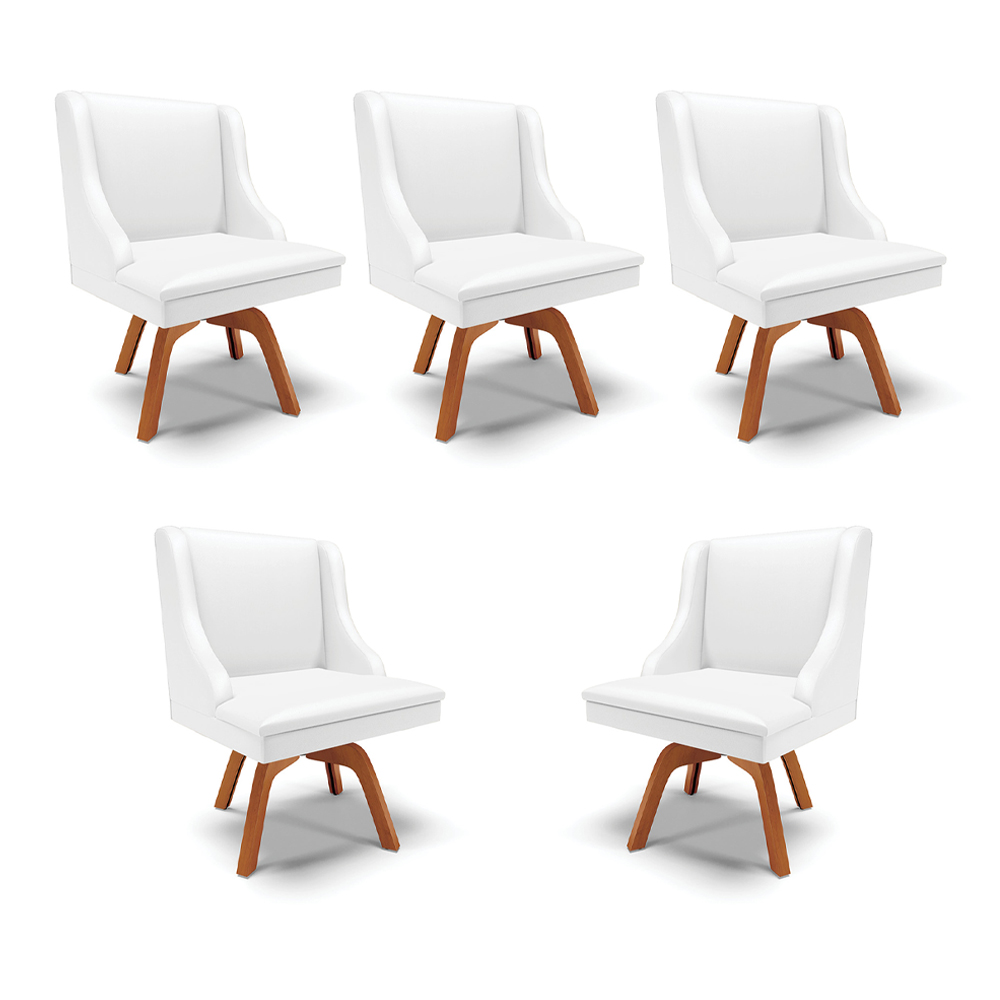 Kit 5 Cadeiras Decorativas Sala de Jantar Base Giratória de Madeira Firenze PU Branco Fosco/Natural G19 - Gran Belo