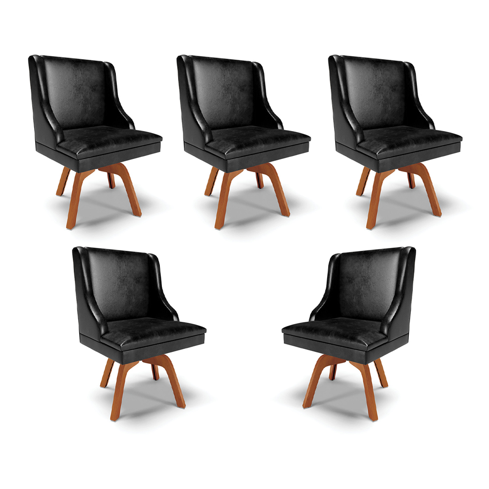 Kit 5 Cadeiras Decorativas Sala de Jantar Base Giratória de Madeira Firenze PU Preto Brilho/Natural G19 - Gran Belo