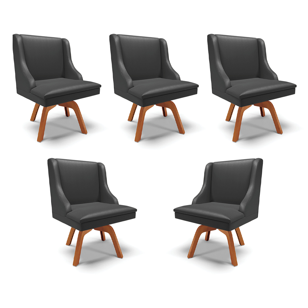 Kit 5 Cadeiras Decorativas Sala de Jantar Base Giratória de Madeira Firenze PU Preto Fosco/Natural G19 - Gran Belo