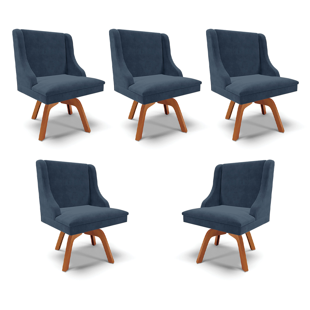 Kit 5 Cadeiras Decorativas Sala de Jantar Base Giratória de Madeira Firenze Suede Azul Marinho/Natural G19 - Gran Belo