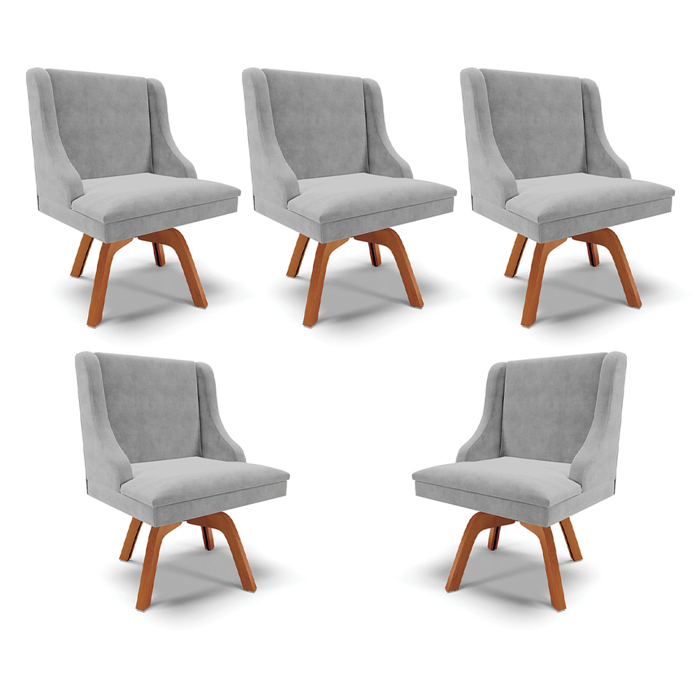 Kit 5 Cadeiras Decorativas Sala de Jantar Base Giratória de Madeira Firenze Suede Cinza/Natural G19 - Gran Belo