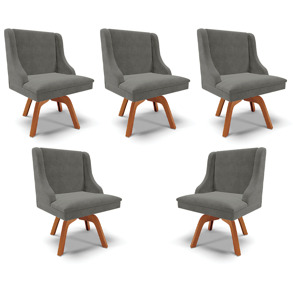 Kit 5 Cadeiras Decorativas Sala de Jantar Base Giratória de Madeira Firenze Suede Grafite/Natural G19 - Gran Belo