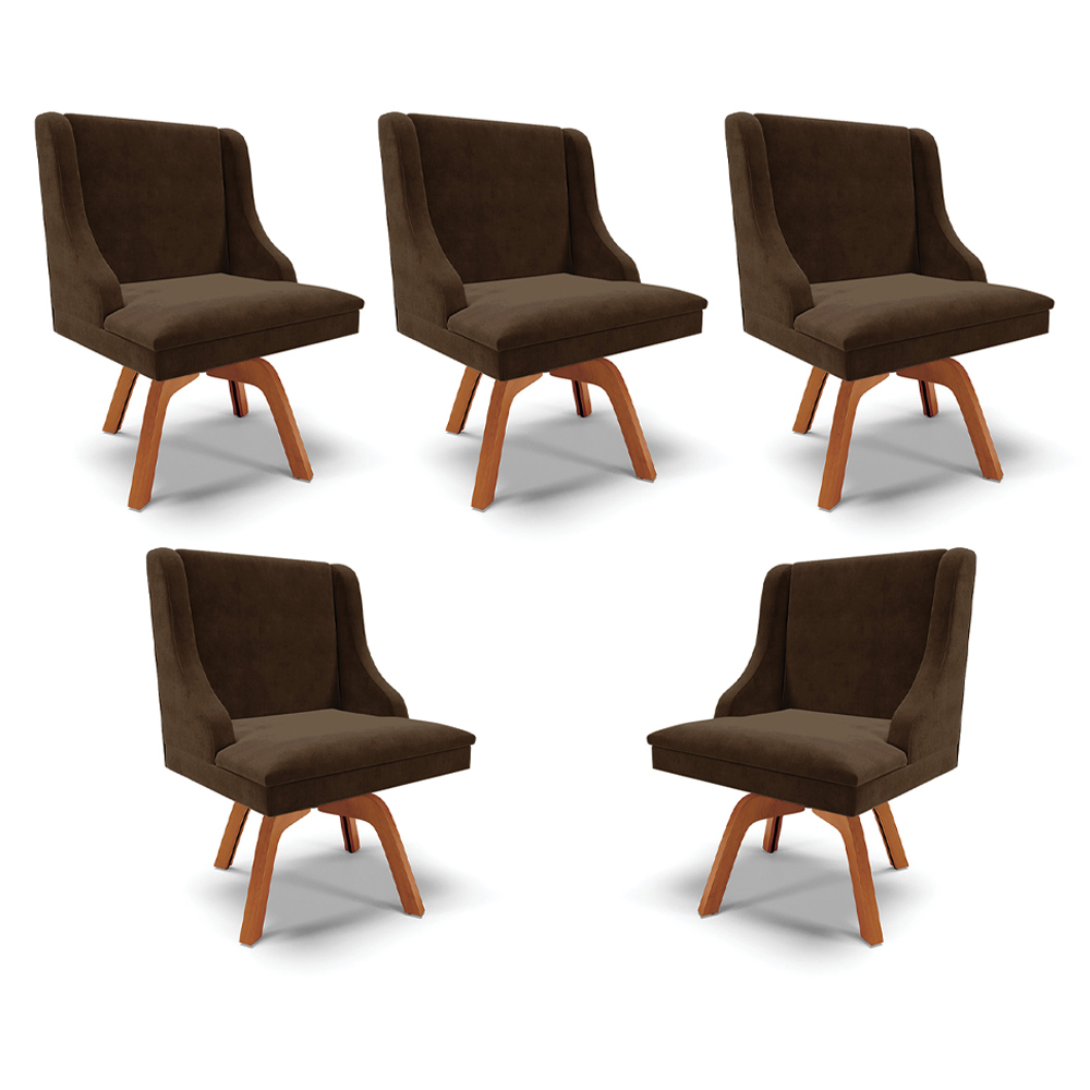 Kit 5 Cadeiras Decorativas Sala de Jantar Base Giratória de Madeira Firenze Suede Marrom/Natural G19 - Gran Belo