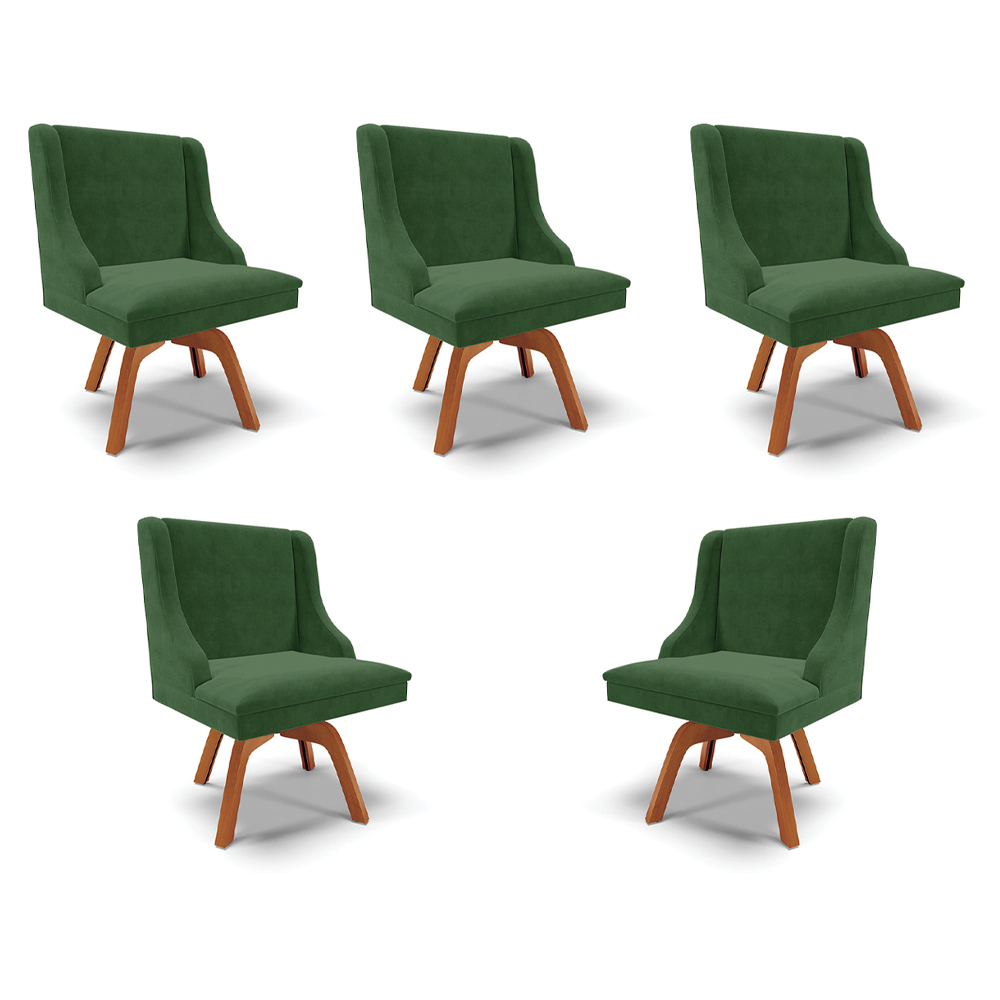 Kit 5 Cadeiras Decorativas Sala de Jantar Base Giratória de Madeira Firenze Suede Verde Esmeralda/Natural G19 - Gran Belo