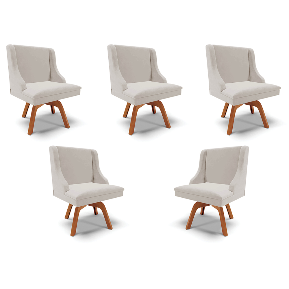 Kit 5 Cadeiras Decorativas Sala de Jantar Base Giratória de Madeira Firenze Veludo Cinza/Natural G19 - Gran Belo