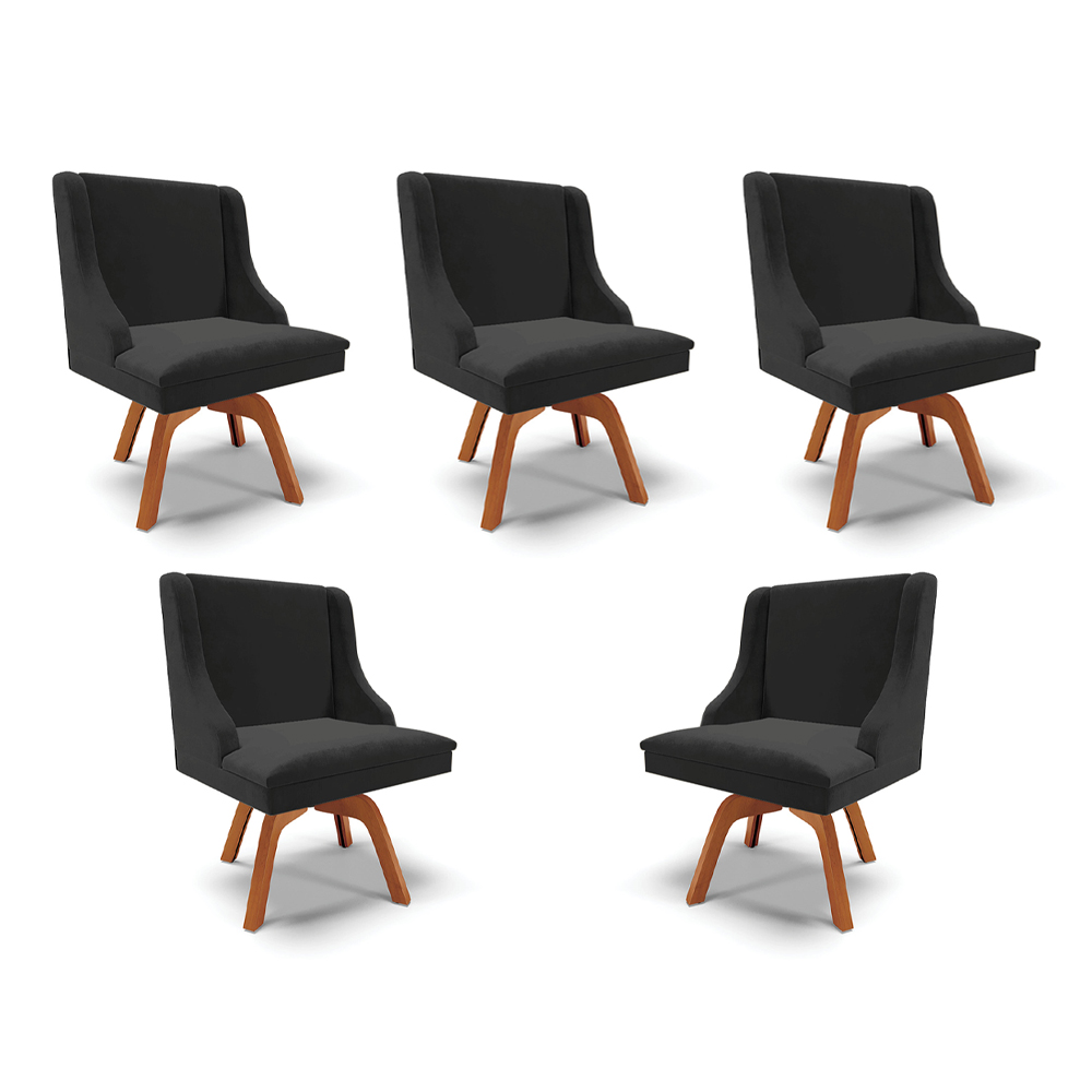 Kit 5 Cadeiras Decorativas Sala de Jantar Base Giratória de Madeira Firenze Veludo Preto/Natural G19 - Gran Belo