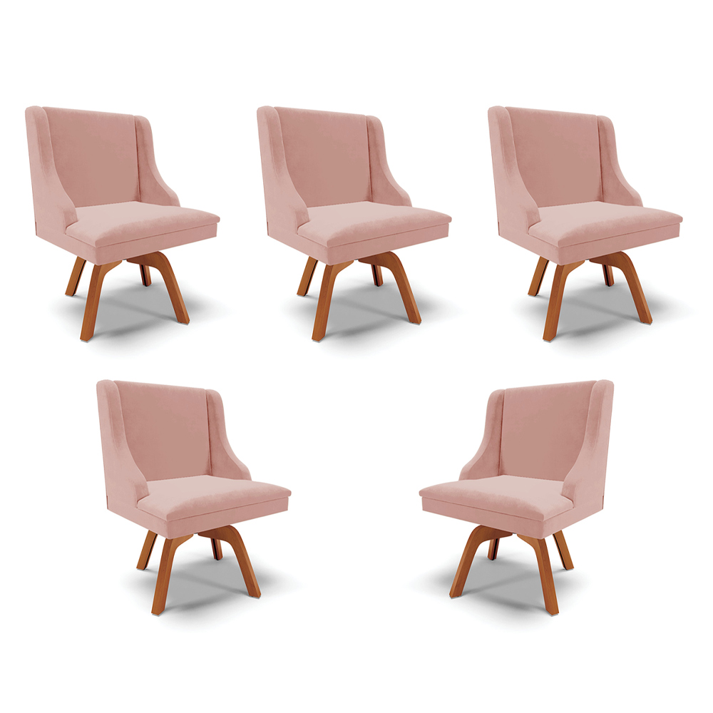 Kit 5 Cadeiras Decorativas Sala de Jantar Base Giratória de Madeira Firenze Veludo Rosê/Natural G19 - Gran Belo