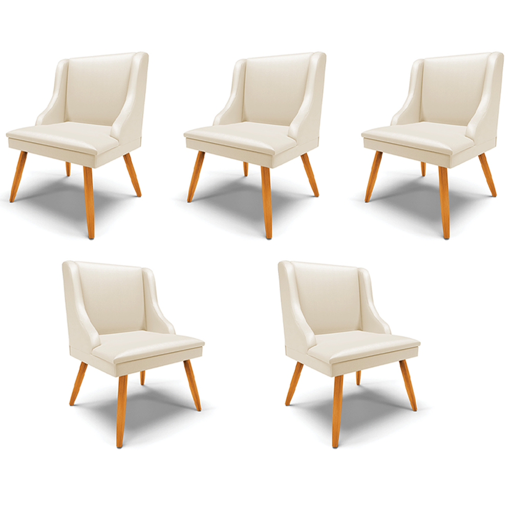 Kit 5 Cadeiras Decorativas Sala de Jantar Pés Palito de Madeira Firenze PU Bege/Natural G19 - Gran Belo