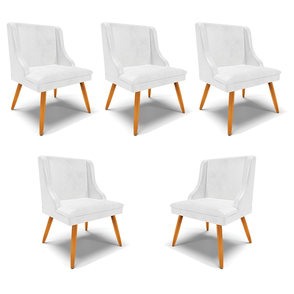 Kit 5 Cadeiras Decorativas Sala de Jantar Pés Palito de Madeira Firenze PU Branco Brilho/Natural G19 - Gran Belo