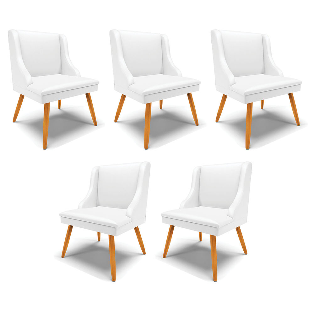 Kit 5 Cadeiras Decorativas Sala de Jantar Pés Palito de Madeira Firenze PU Branco Fosco/Natural G19 - Gran Belo