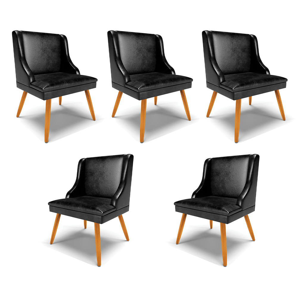 Kit 5 Cadeiras Decorativas Sala de Jantar Pés Palito de Madeira Firenze PU Preto Brilho/Natural G19 - Gran Belo