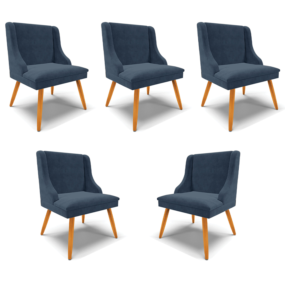 Kit 5 Cadeiras Decorativas Sala de Jantar Pés Palito de Madeira Firenze Suede Azul Marinho/Natural G19 - Gran Belo