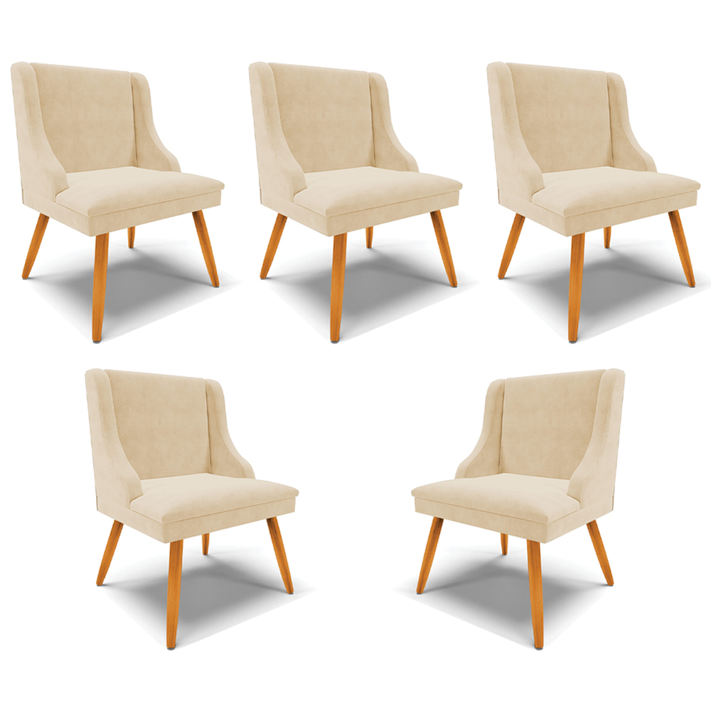 Kit 5 Cadeiras Decorativas Sala de Jantar Pés Palito de Madeira Firenze Suede Bege/Natural G19 - Gran Belo