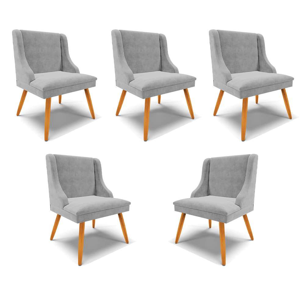 Kit 5 Cadeiras Decorativas Sala de Jantar Pés Palito de Madeira Firenze Suede Cinza/Natural G19 - Gran Belo