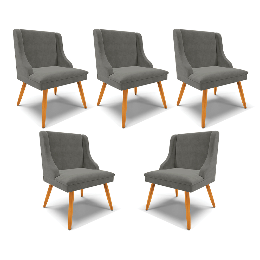Kit 5 Cadeiras Decorativas Sala de Jantar Pés Palito de Madeira Firenze Suede Grafite/Natural G19 - Gran Belo