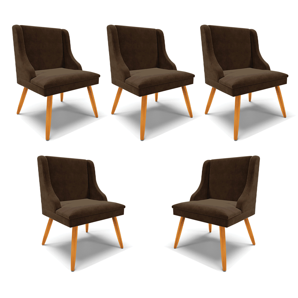 Kit 5 Cadeiras Decorativas Sala de Jantar Pés Palito de Madeira Firenze Suede Marrom/Natural G19 - Gran Belo