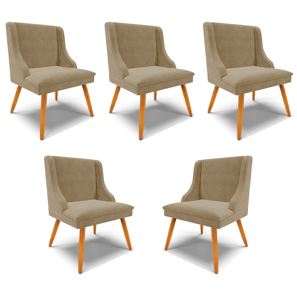 Kit 5 Cadeiras Decorativas Sala de Jantar Pés Palito de Madeira Firenze Suede Nude/Natural G19 - Gran Belo