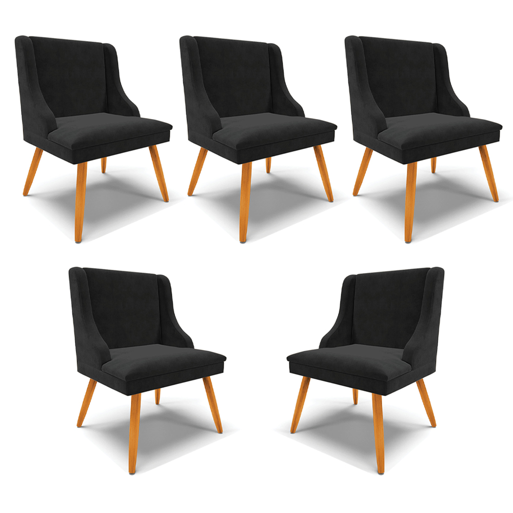 Kit 5 Cadeiras Decorativas Sala de Jantar Pés Palito de Madeira Firenze Suede Preto/Natural G19 - Gran Belo