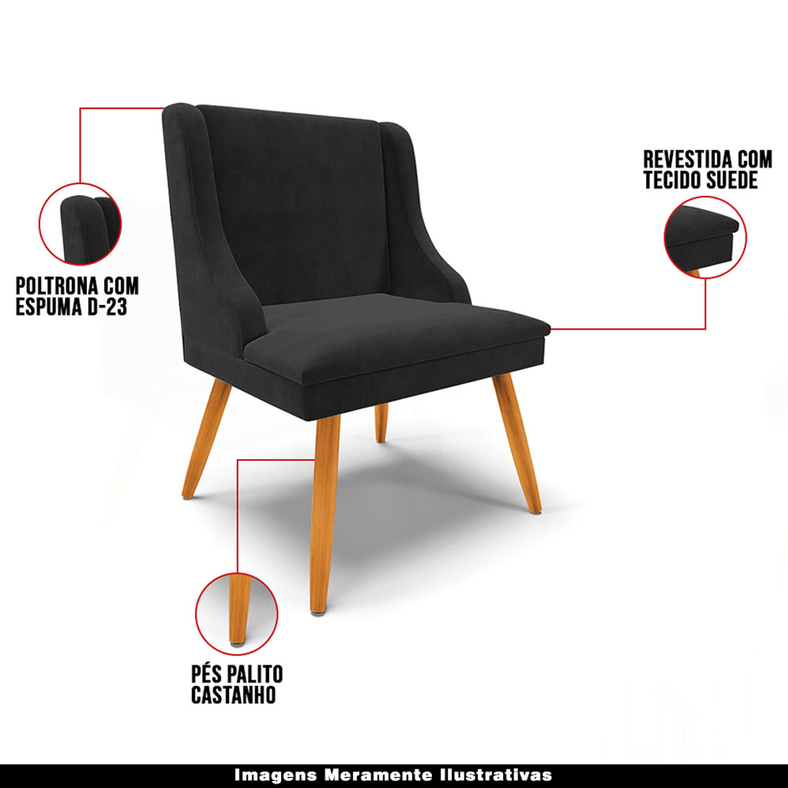 Kit 5 Cadeiras Decorativas Sala de Jantar Pés Palito de Madeira Firenze Suede Preto/Natural G19 - Gran Belo