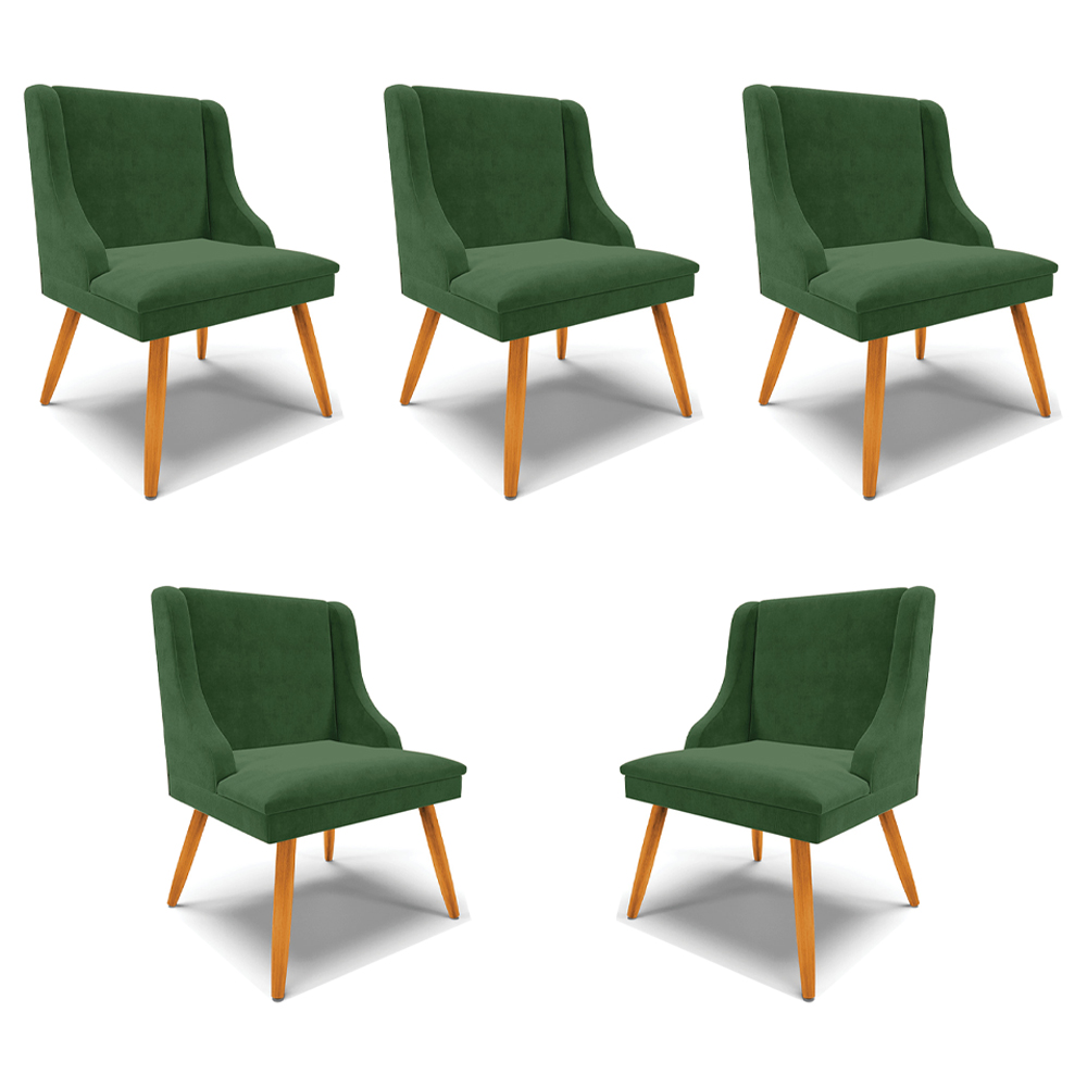 Kit 5 Cadeiras Decorativas Sala de Jantar Pés Palito de Madeira Firenze Suede Verde Esmeralda/Natural G19 - Gran Belo