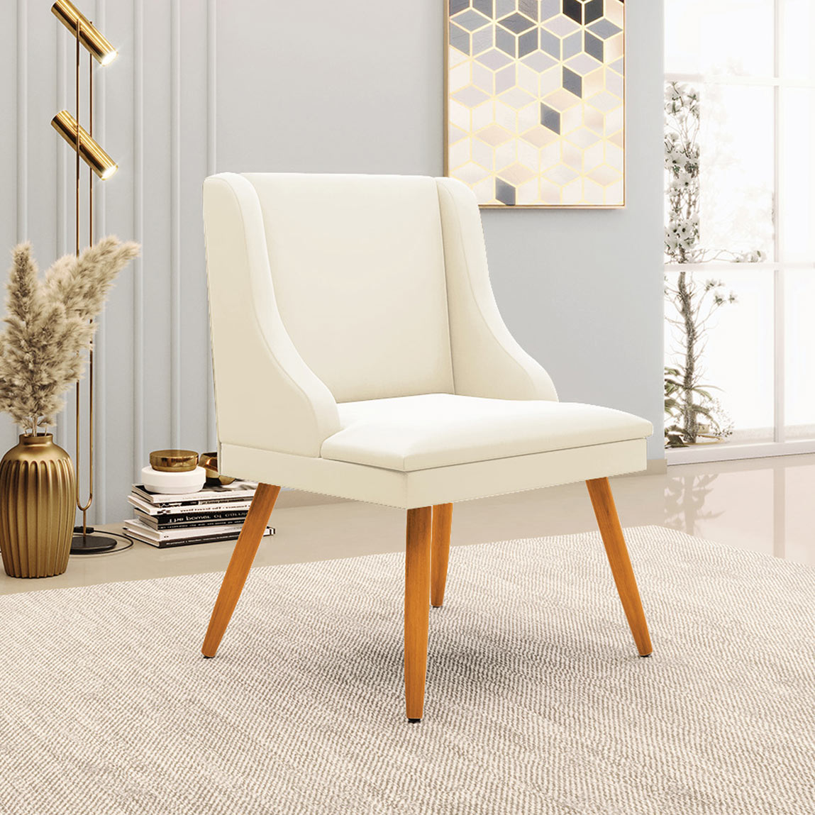 Kit 5 Cadeiras Decorativas Sala de Jantar Pés Palito de Madeira Firenze Veludo Bege/Natural G19 - Gran Belo