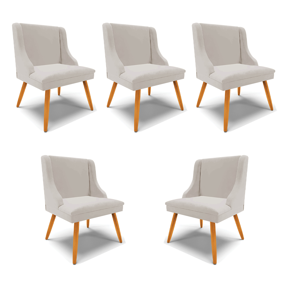 Kit 5 Cadeiras Decorativas Sala de Jantar Pés Palito de Madeira Firenze Veludo Cinza/Natural G19 - Gran Belo