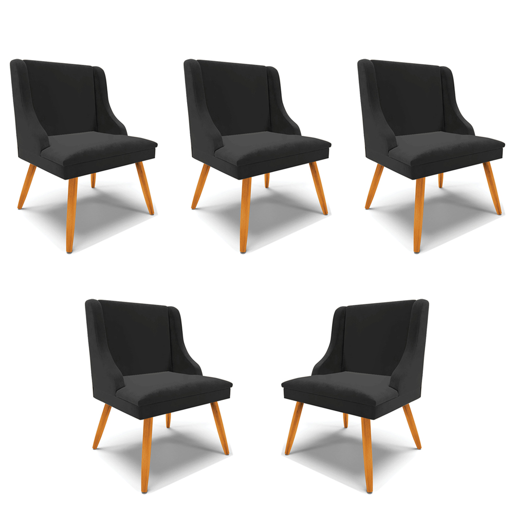 Kit 5 Cadeiras Decorativas Sala de Jantar Pés Palito de Madeira Firenze Veludo Preto/Natural G19 - Gran Belo