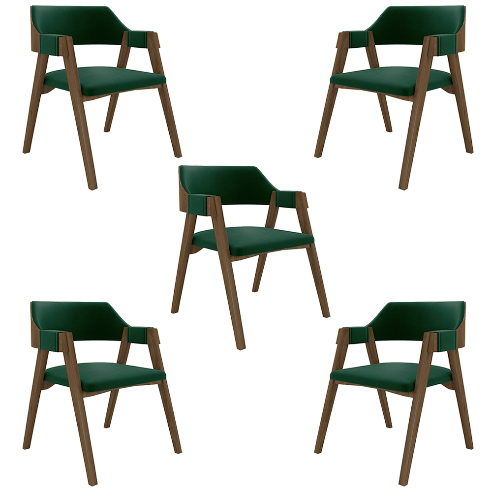 Kit 5 Cadeiras Sala de Jantar e Jogos Carteados Madeira Maciça Poker Veludo Verde/Nogueira G42 - Gran Belo