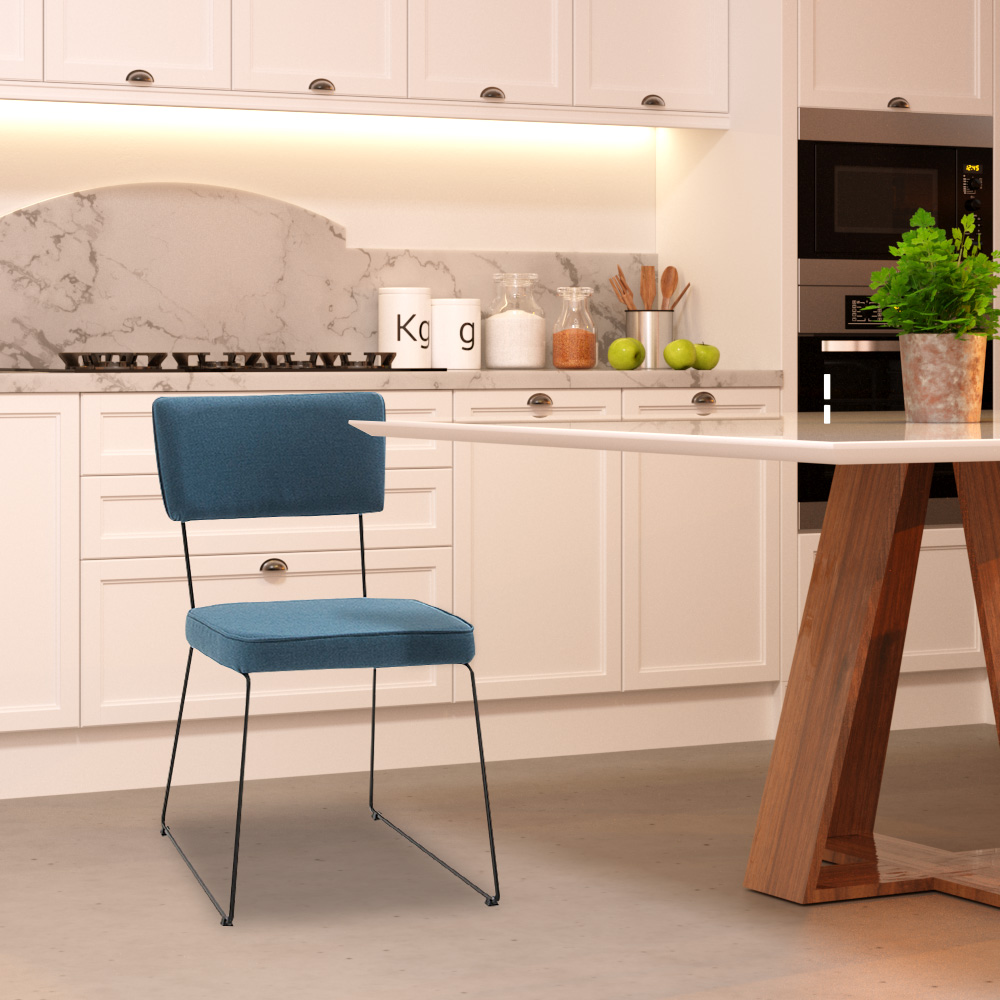 Kit 5 Cadeiras de Jantar Decorativa Base Aço Preto Luigi Linho Azul Jeans - Gran Belo