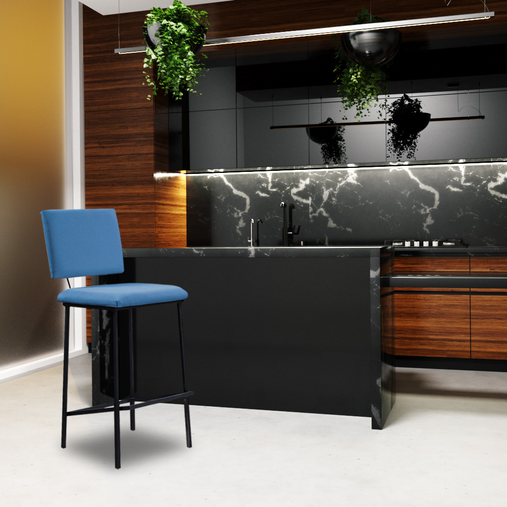 Kit 6 Banquetas Fixa Decorativa Base de Aço Marcius Linho Azul Jeans - Gran Belo