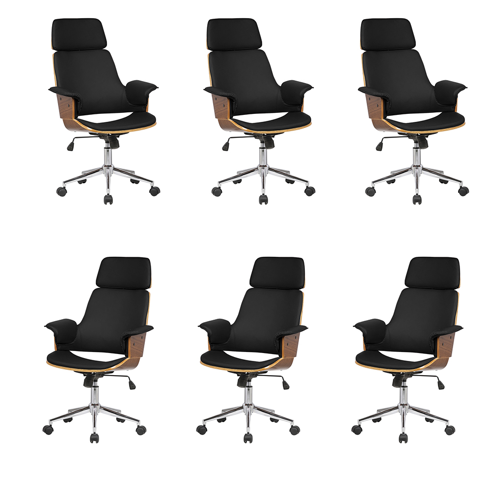 Kit 6 Cadeira de Escritório Home Office Decorativas Casemiro PU c/Regulagem de Altura Base Giratória Preto G56 - Gran Belo