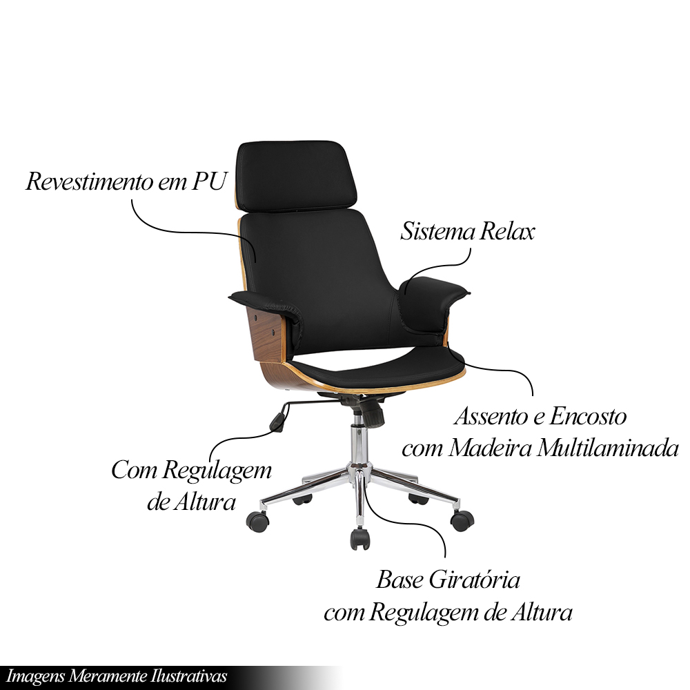 Kit 6 Cadeira de Escritório Home Office Decorativas Casemiro PU c/Regulagem de Altura Base Giratória Preto G56 - Gran Belo