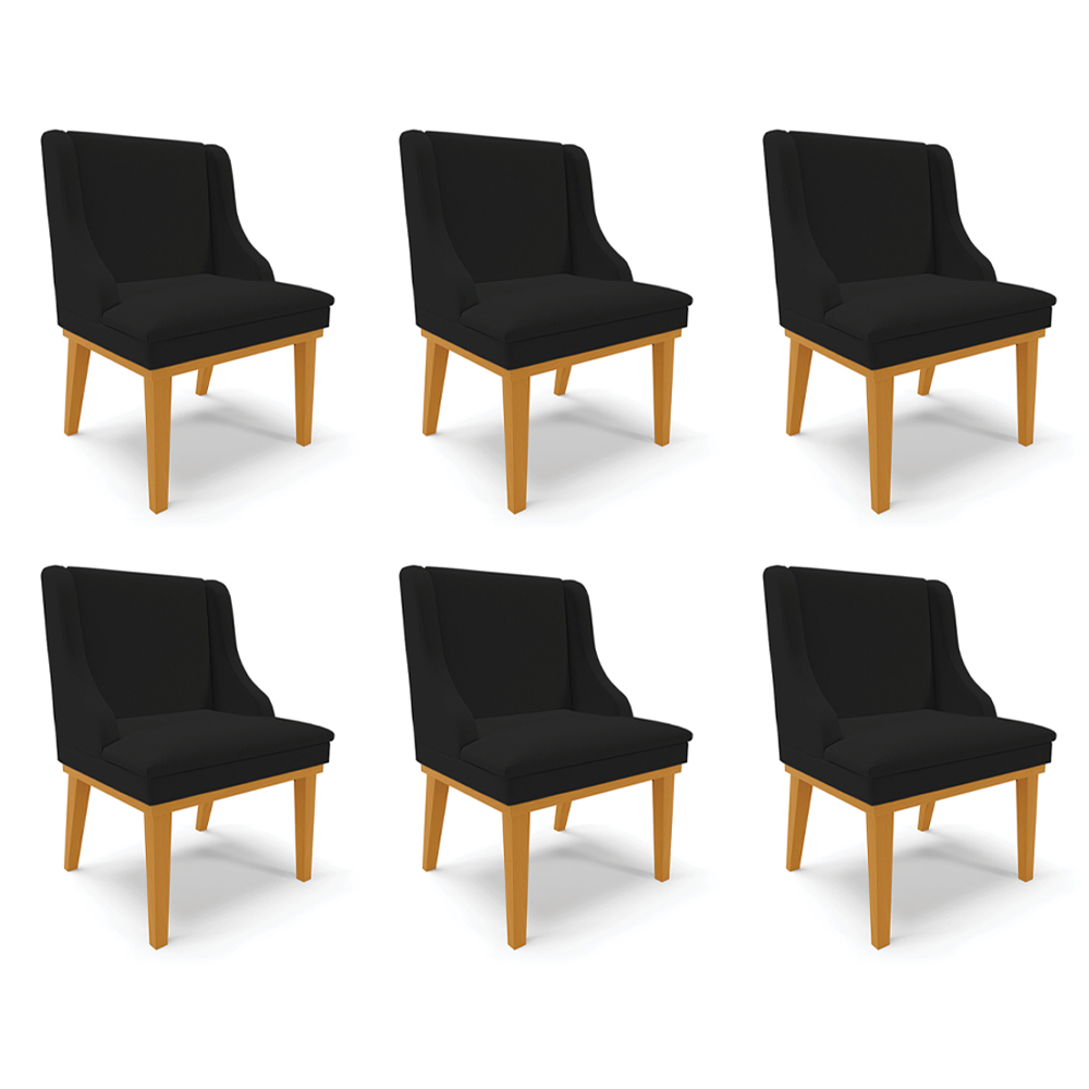 Kit 6 Cadeiras Decorativas Sala de Jantar Base Fixa de Madeira Firenze Linho Preto/Castanho G19 - Gran Belo
