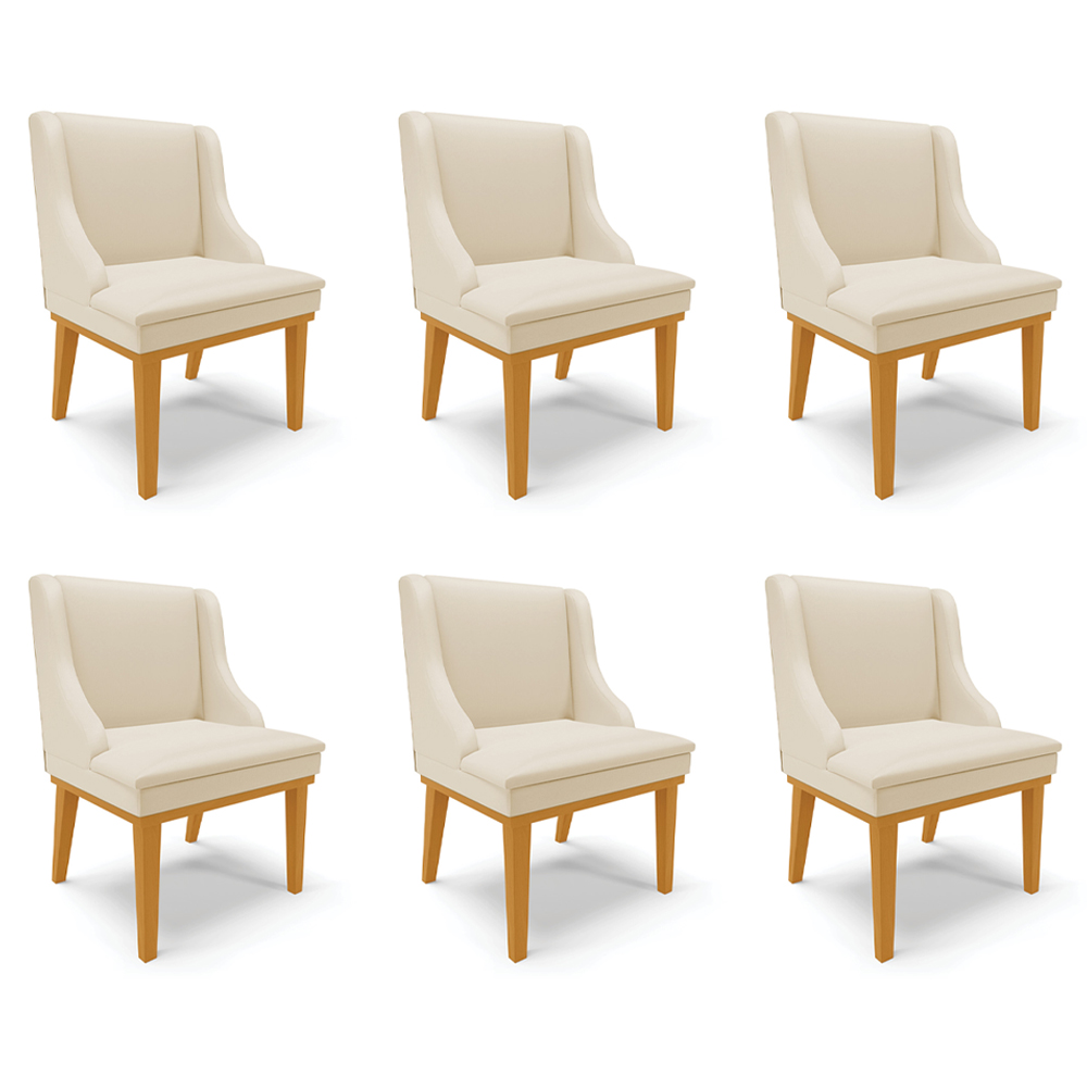 Kit 6 Cadeiras Decorativas Sala de Jantar Base Fixa de Madeira Firenze PU Bege/Castanho G19 - Gran Belo
