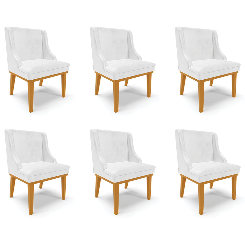 Kit 6 Cadeiras Decorativas Sala de Jantar Base Fixa de Madeira Firenze PU Branco Brilho/Castanho G19 - Gran Belo