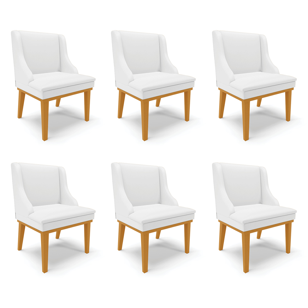 Kit 6 Cadeiras Decorativas Sala de Jantar Base Fixa de Madeira Firenze PU Branco Fosco/Castanho G19 - Gran Belo