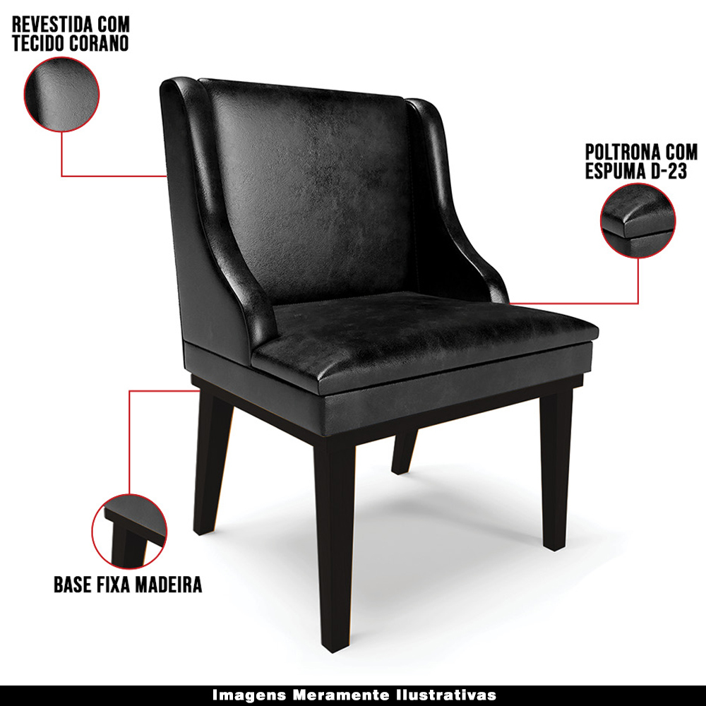 Kit 6 Cadeiras Decorativas Sala de Jantar Base Fixa de Madeira Firenze PU Preto Brilho G19 - Gran Belo