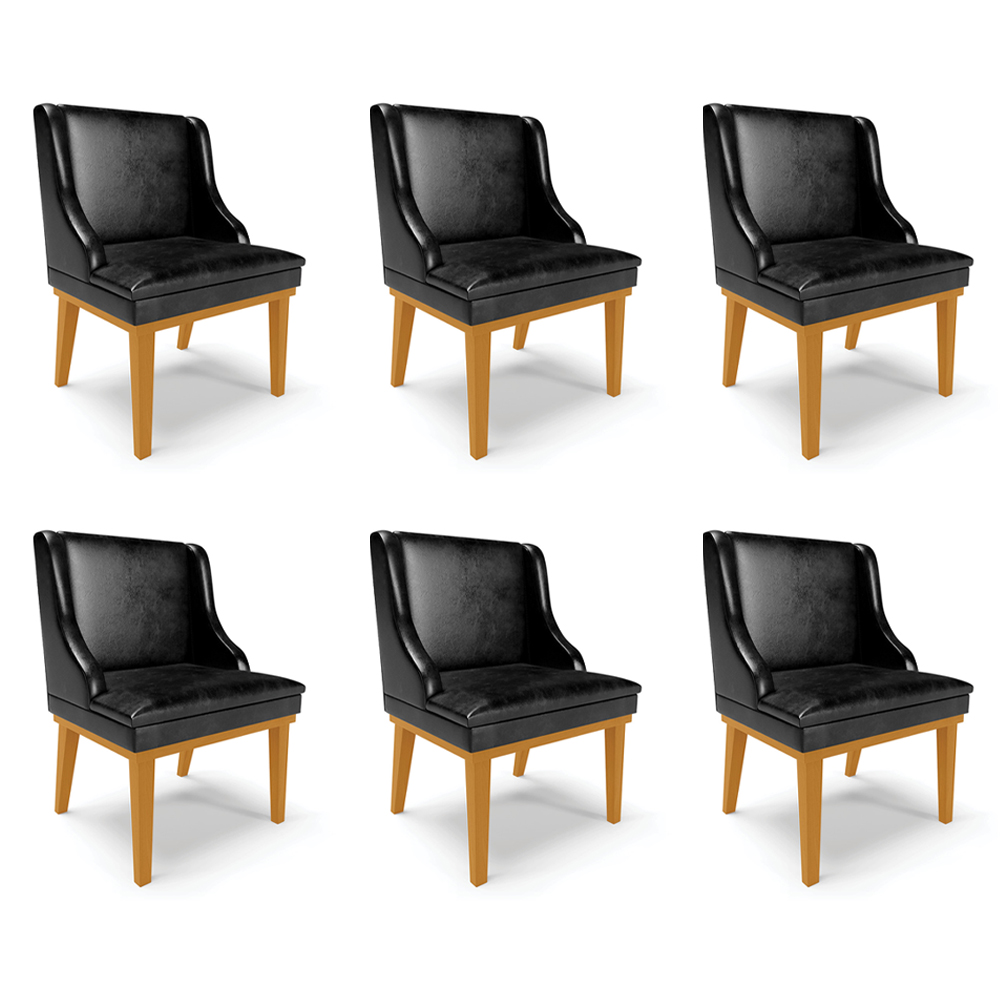 Kit 6 Cadeiras Decorativas Sala de Jantar Base Fixa de Madeira Firenze PU Preto Brilho/Castanho G19 - Gran Belo