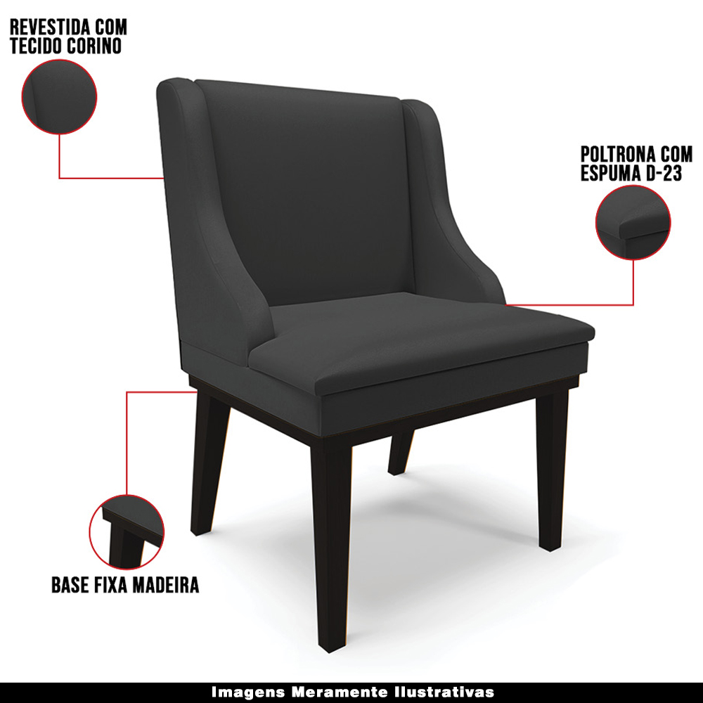 Kit 6 Cadeiras Decorativas Sala de Jantar Base Fixa de Madeira Firenze PU Preto Fosco G19 - Gran Belo