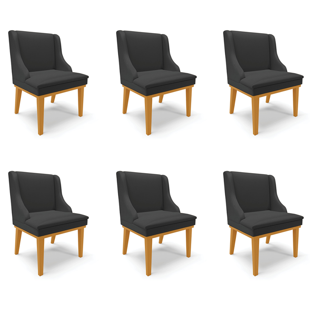 Kit 6 Cadeiras Decorativas Sala de Jantar Base Fixa de Madeira Firenze PU Preto Fosco/Castanho G19 - Gran Belo